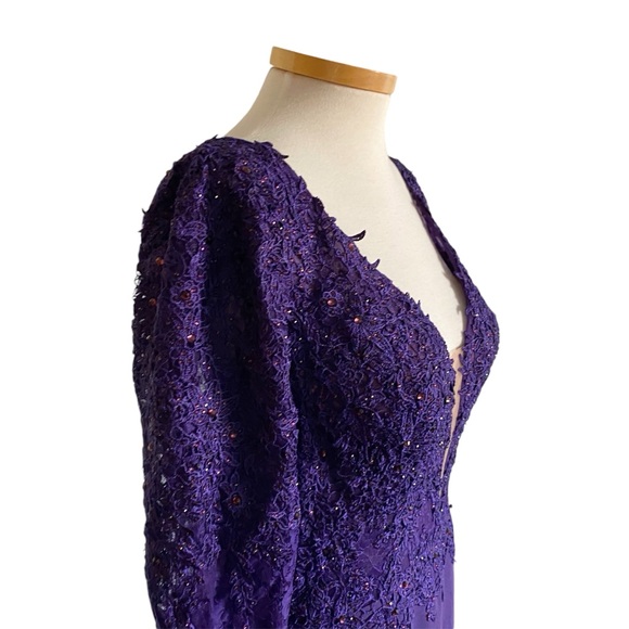 Mori Lee Madeline Gardner Gown Dress Sz 14 Purple Long Sleeve Sequins Lace Gala - Picture 4 of 16